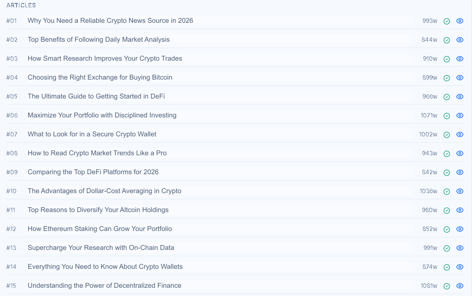 GSA SER Builder — Articles screen (demonstration data)