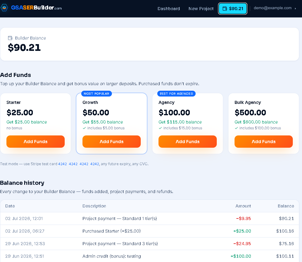 GSA SER Builder — Builder Balance screen (demonstration data)