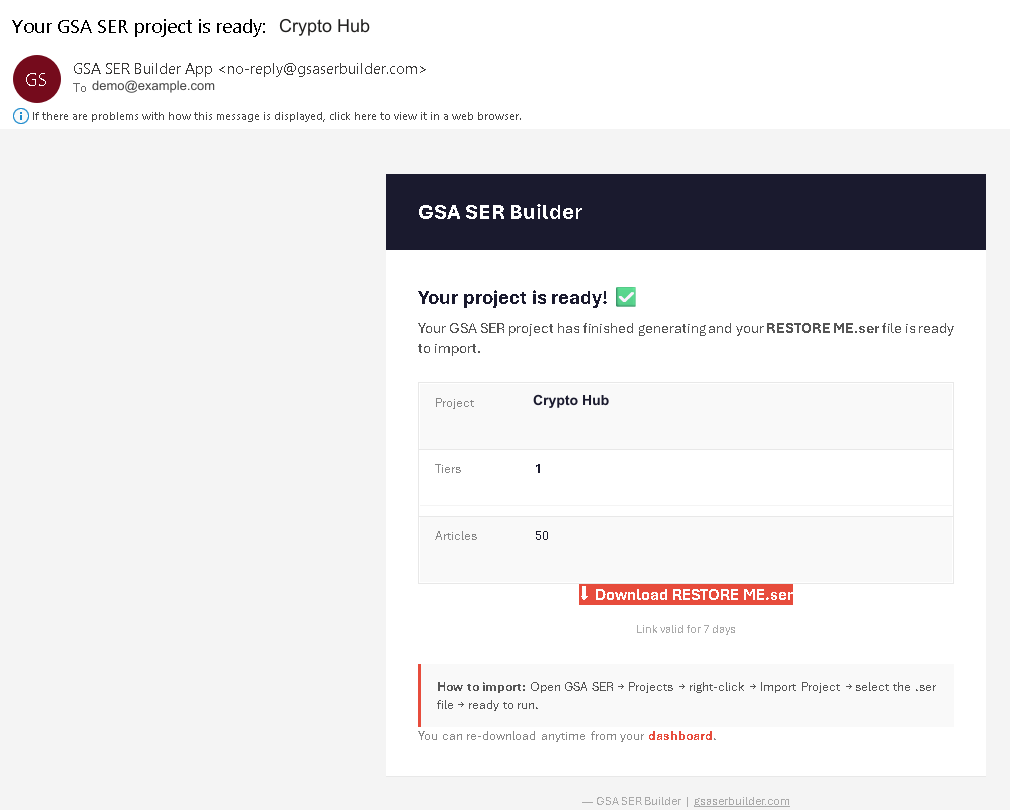 GSA SER Builder — Download .ser screen (demonstration data)