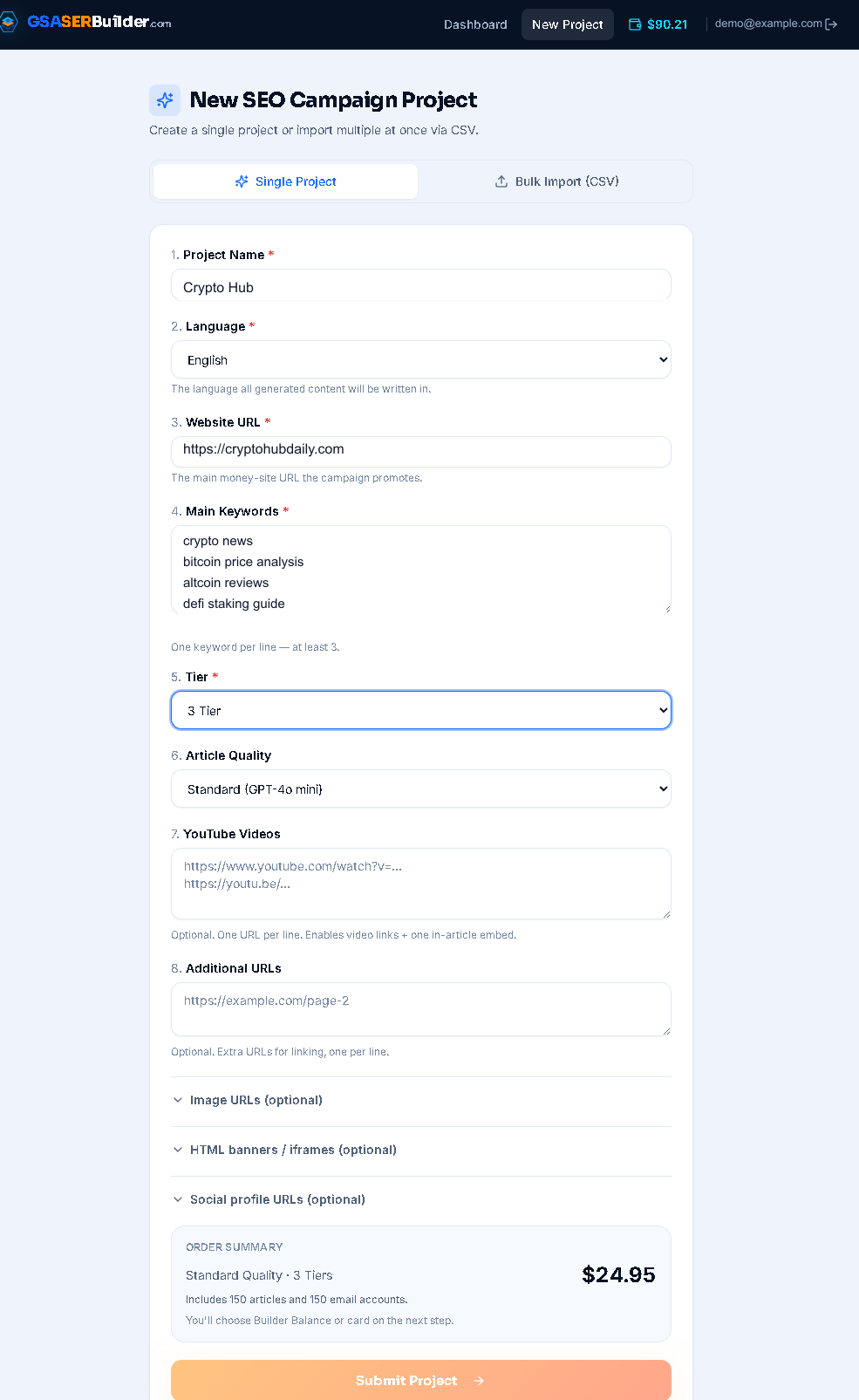 GSA SER Builder — New Project screen (demonstration data)