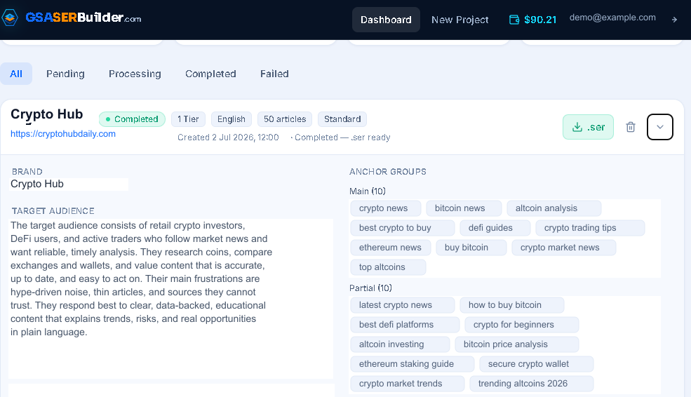 GSA SER Builder — Project Details screen (demonstration data)